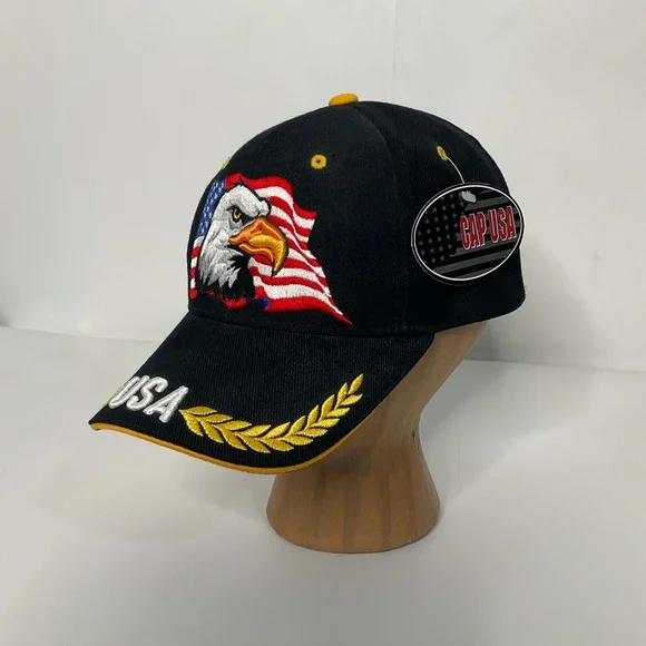 USA Men’s Embroidered American Flag Eagle Black Adjustable Closure Baseball Cap - Picture 7 of 14